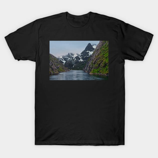 Entering Trollfjord at Midnight in Norway T-Shirt by MartynUK